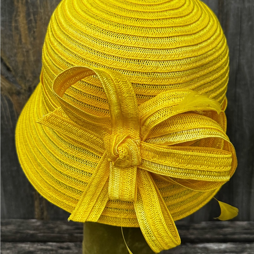 Vintage Fine Millinery by August Wide Yellow Bucket Hat with Organza Bow